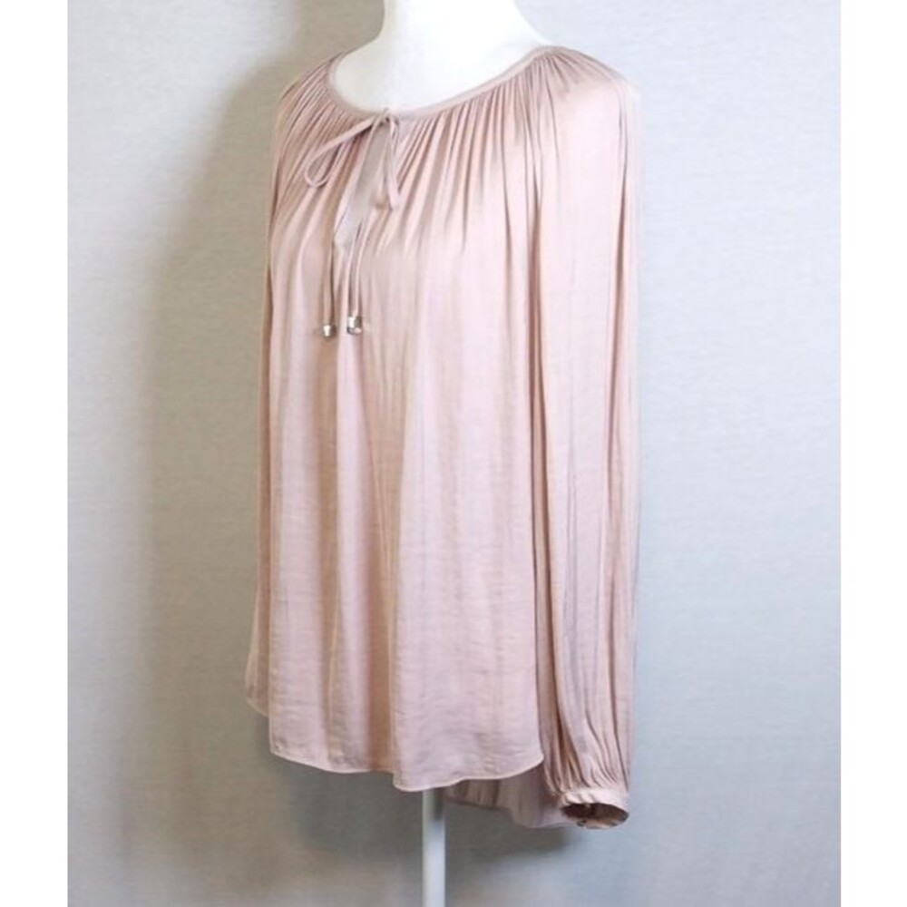 Jennifer Lopez Pink Satin Tie Neck Blouse Balloon Long Sleeve Pleated Size S
